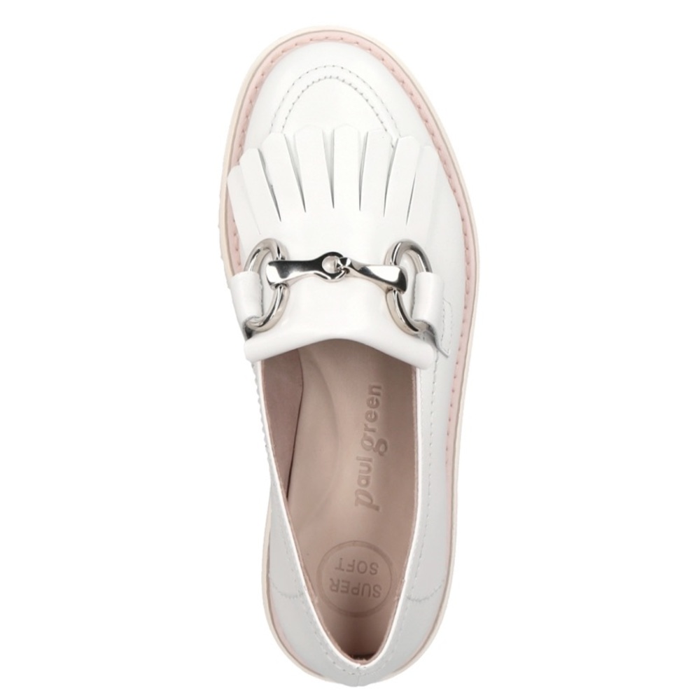 Paul Green Justine Lug loafers with bit and fringe. US 7.5. White leather.